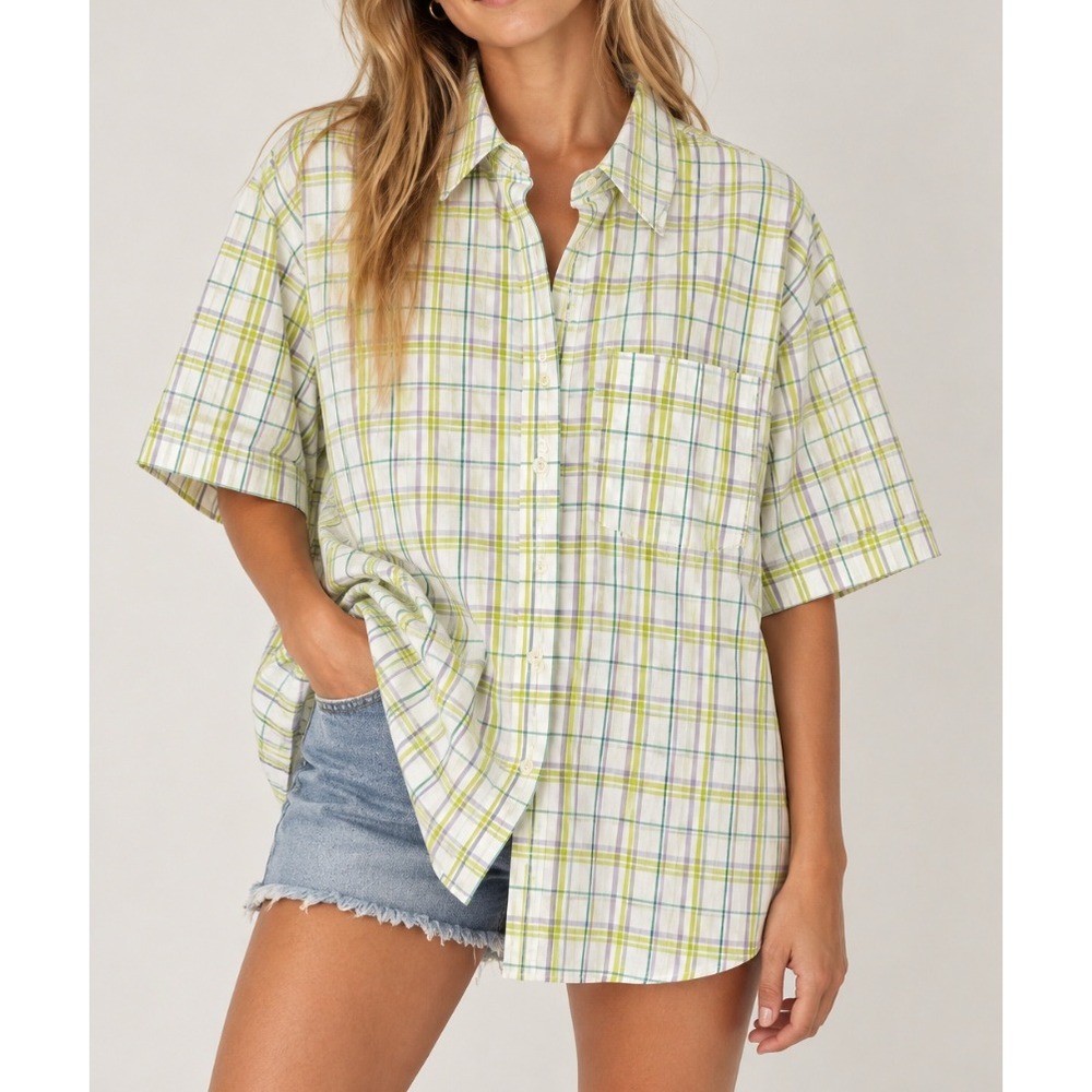 NEW Anthropologie Women Plaid Short Sleeve Button Down Shirt Lime Green Lavender